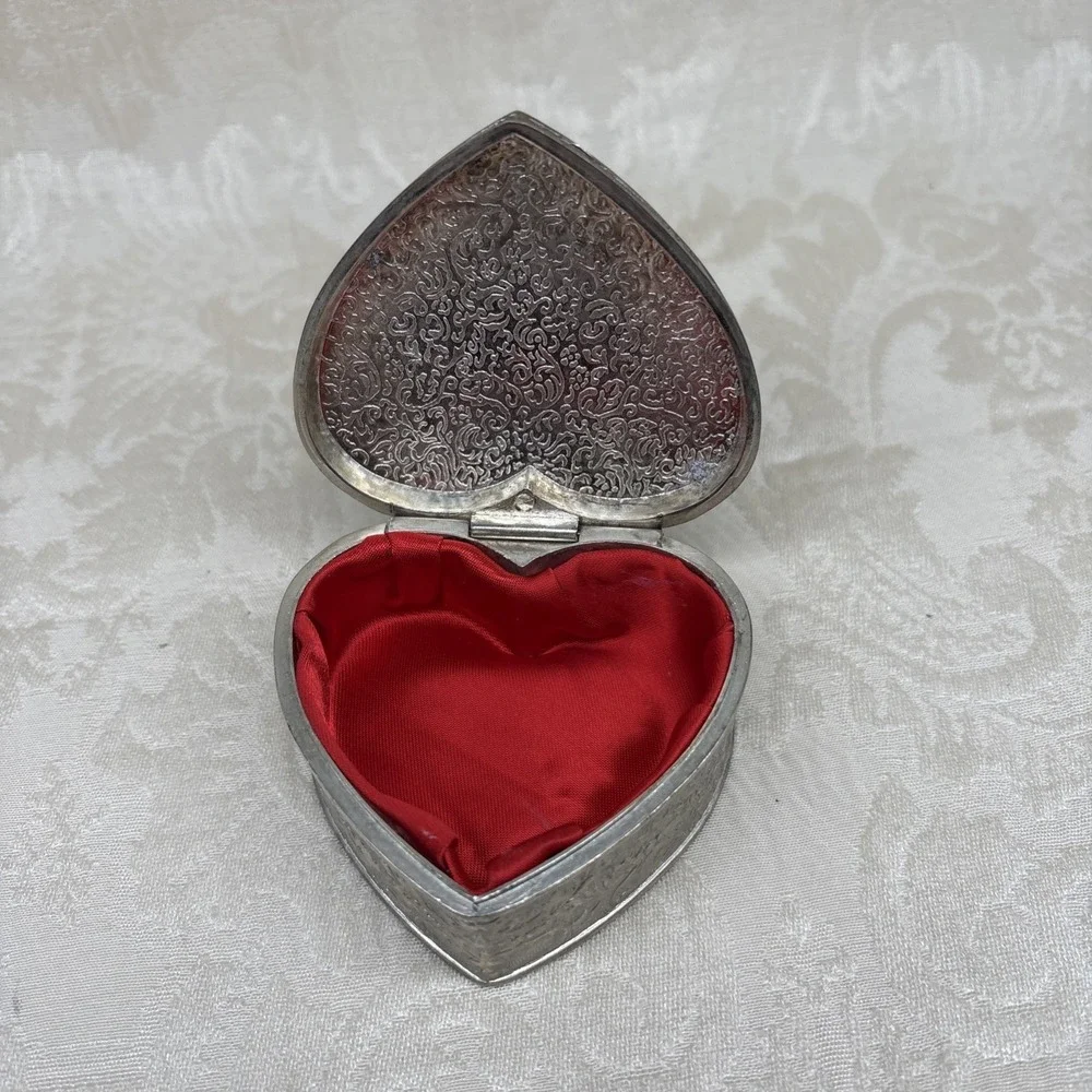 Vintage Heart-Shaped Collectible Box Red Satin Lined Hinged